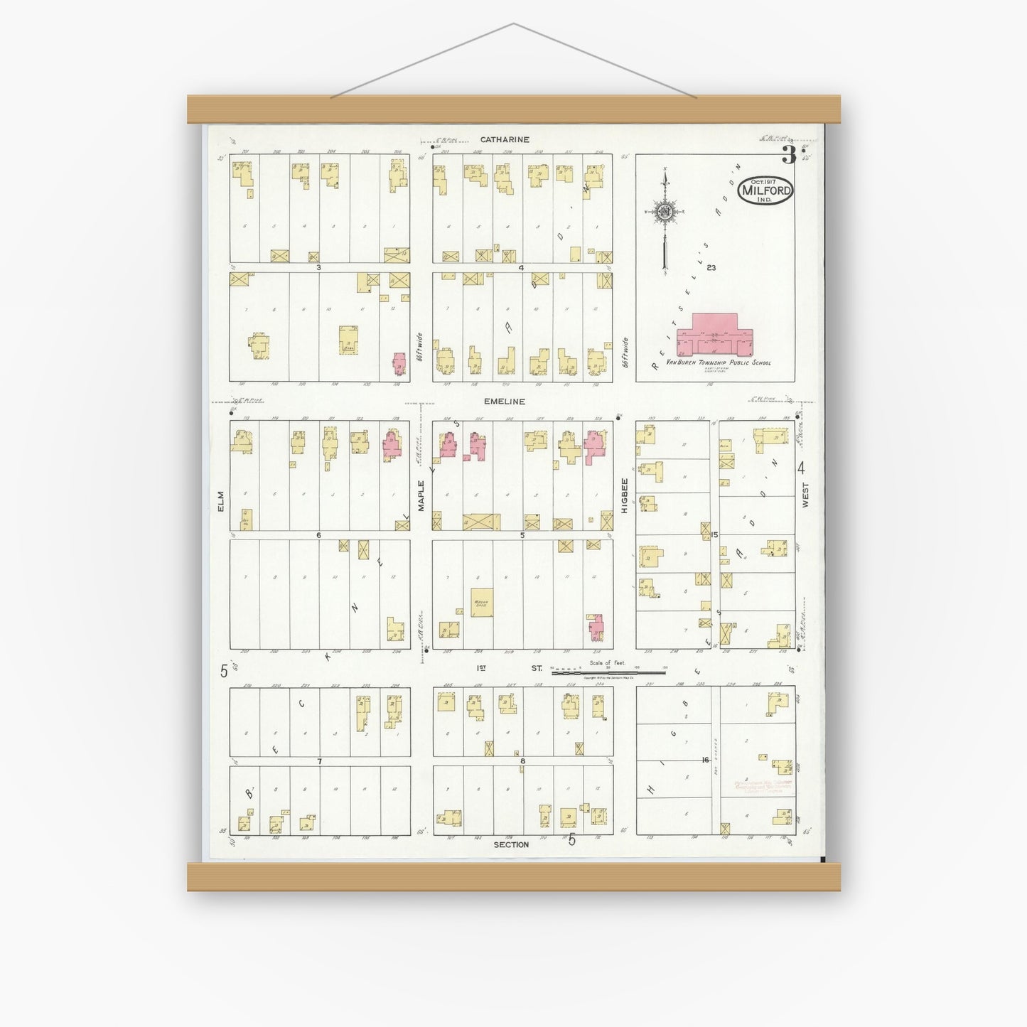 Old map wall art mockup — magnetic wood frame on white wall — Sanborn Fire Insurance Map from Milford, Kosciusko County, Indiana (1917), Sheet #0003