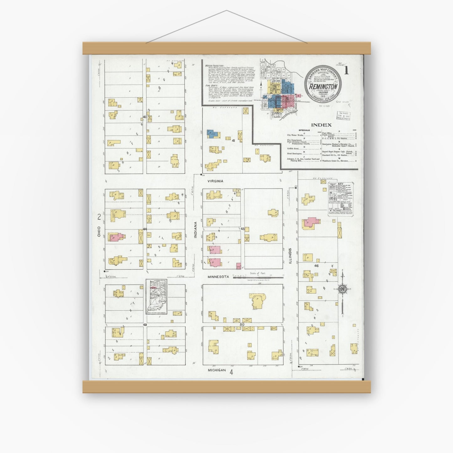 Old map wall art mockup — magnetic wood frame on white wall — Sanborn Fire Insurance Map from Remington, Jasper County, Indiana (1919) - Complete Map Set