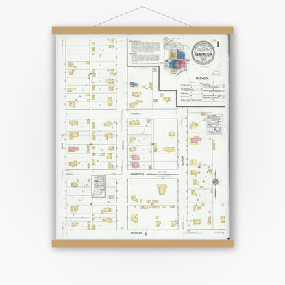 Old map wall art mockup — magnetic wood frame on white wall — Sanborn Fire Insurance Map from Remington, Jasper County, Indiana (1919) - Complete Map Set