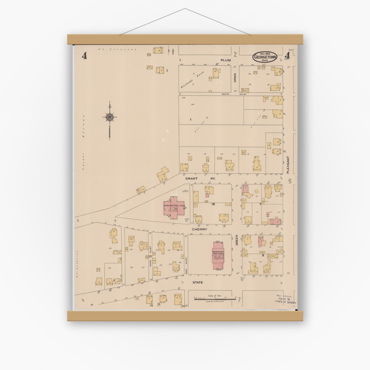 Old map wall art mockup — magnetic wood frame on white wall — Sanborn Fire Insurance Map from Georgetown, Brown County, Ohio (1922), Sheet #0004