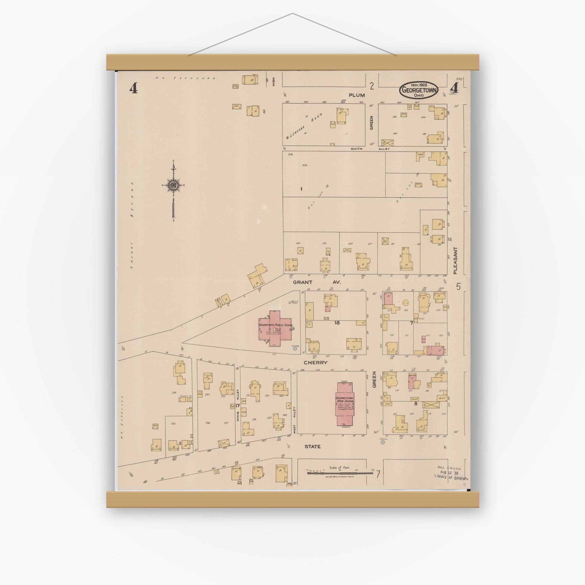 Old map wall art mockup — magnetic wood frame on white wall — Sanborn Fire Insurance Map from Georgetown, Brown County, Ohio (1922), Sheet #0004