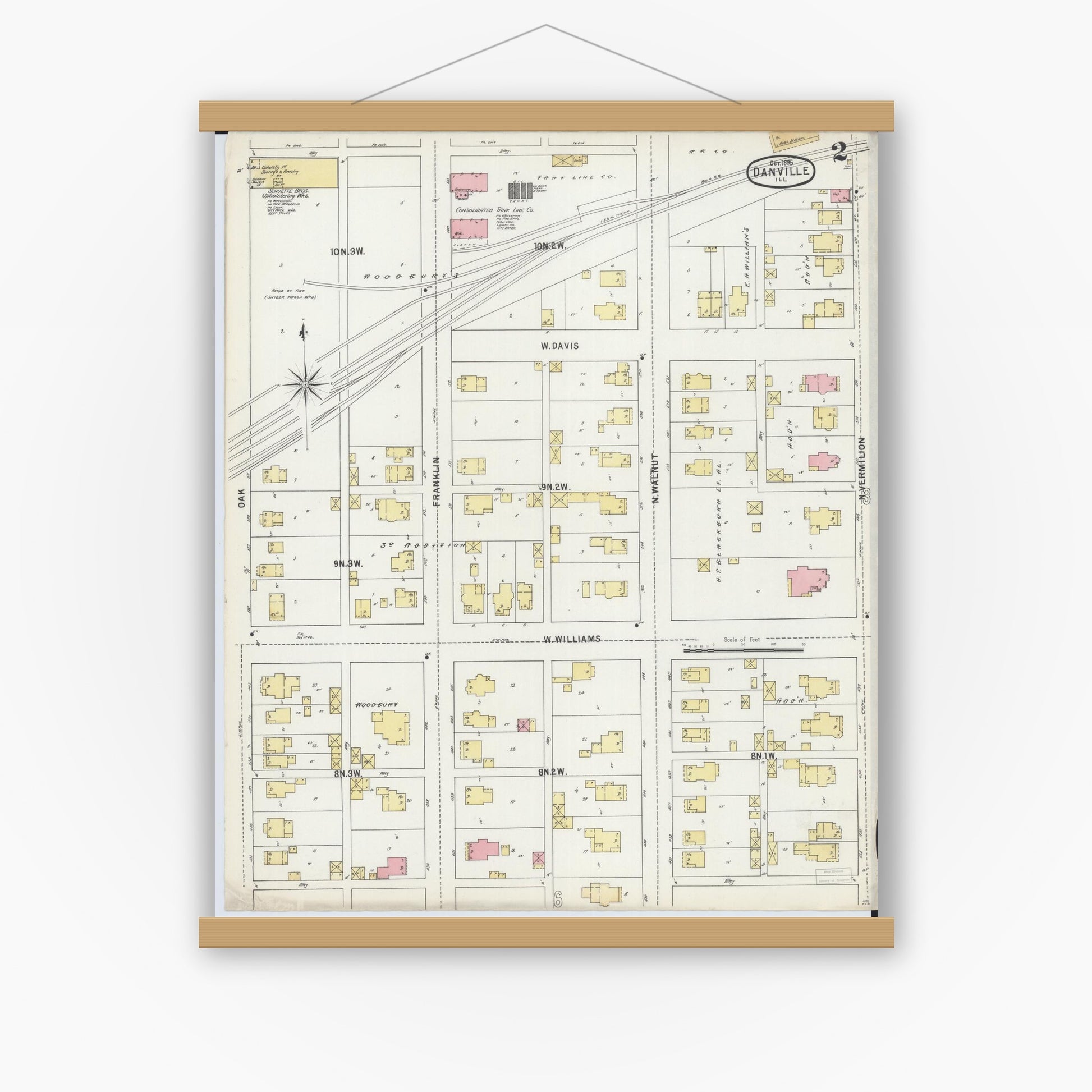 Old map wall art mockup — magnetic wood frame on white wall — Sanborn Fire Insurance Map from Danville, Vermilion County, Illinois (1895), Sheet #0002