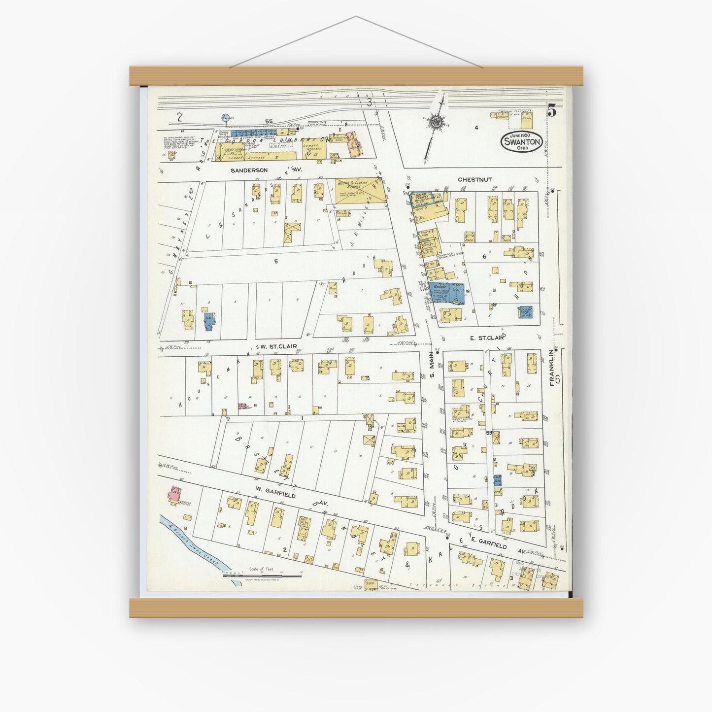 Old map wall art mockup — magnetic wood frame on white wall — Sanborn Fire Insurance Map from Swanton, Fulton County, Ohio (1920), Sheet #0005