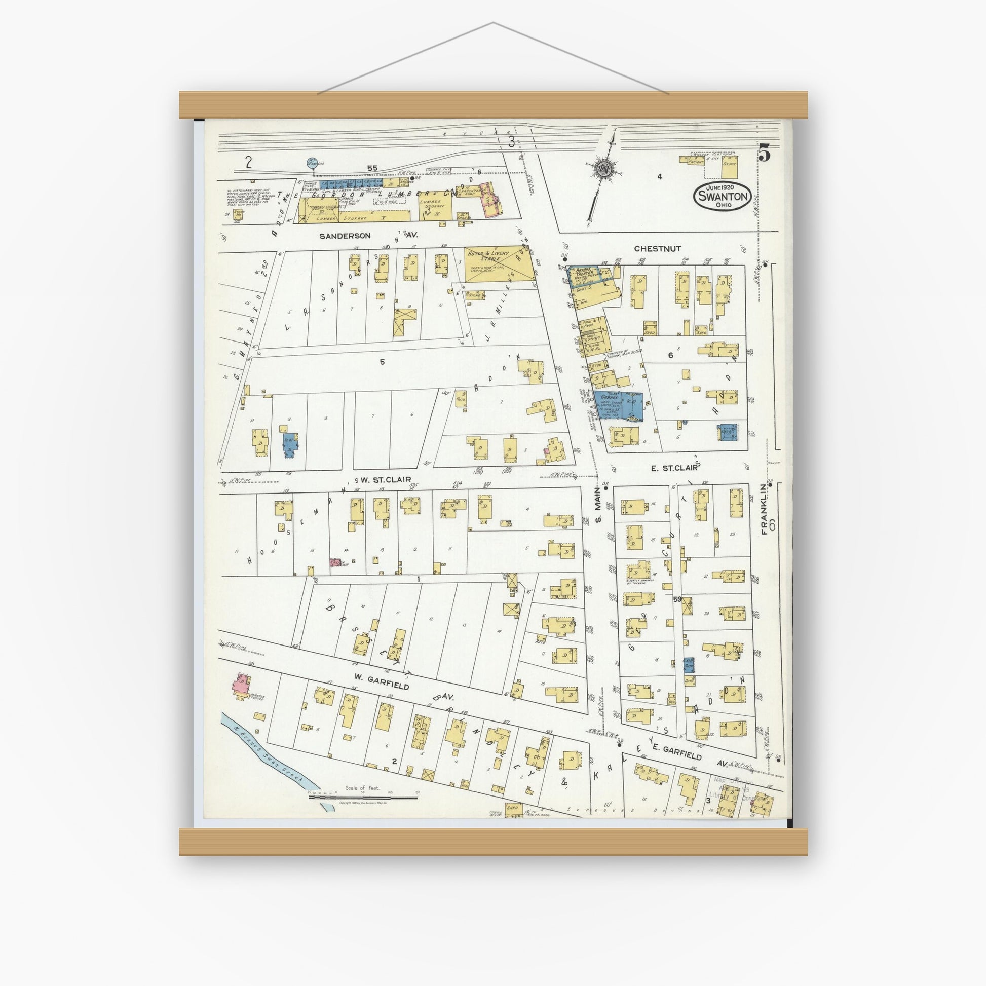 Old map wall art mockup — magnetic wood frame on white wall — Sanborn Fire Insurance Map from Swanton, Fulton County, Ohio (1920), Sheet #0005
