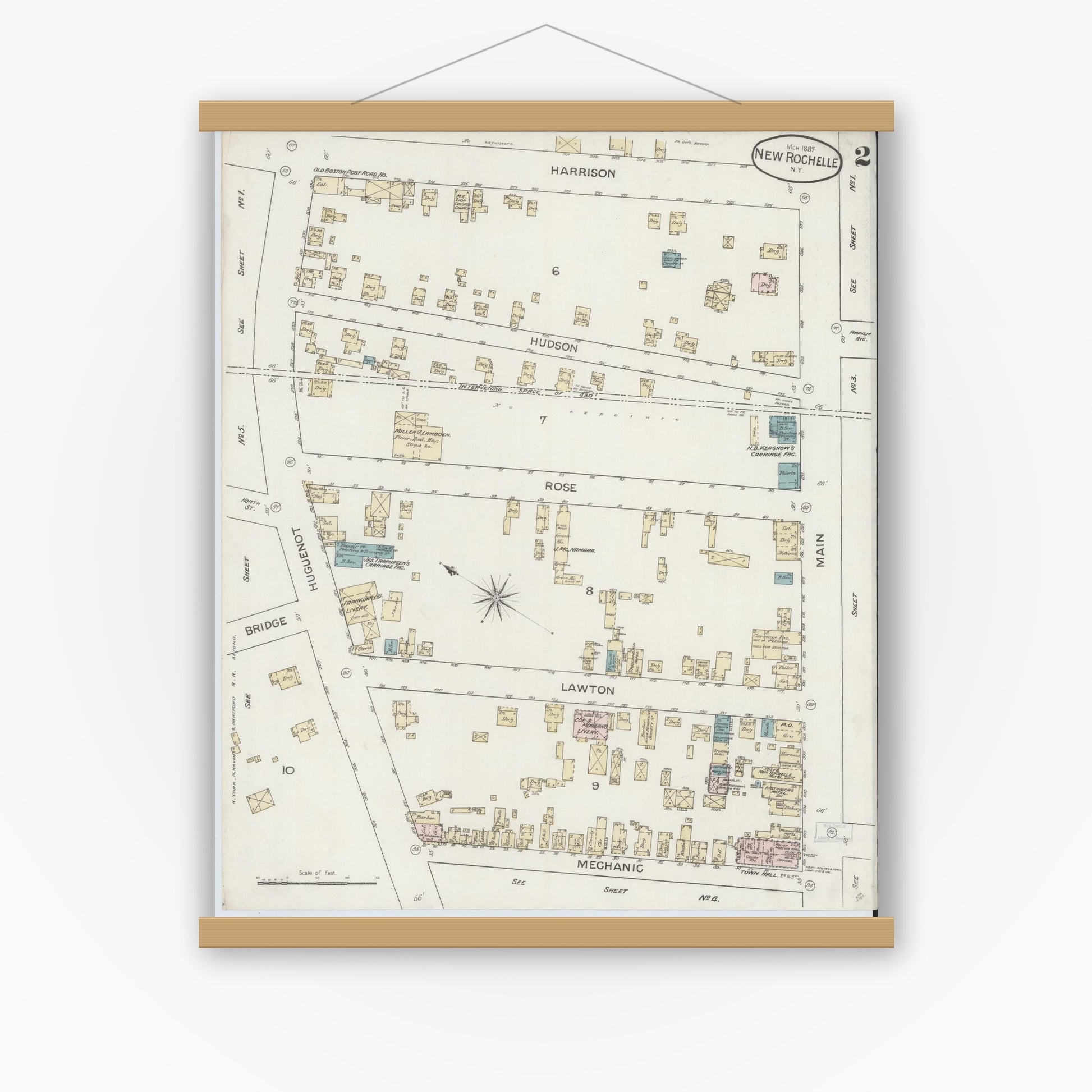 Old map wall art mockup — magnetic wood frame on white wall — Sanborn Fire Insurance Map from New Rochelle, Westchester County, New York (1887), Sheet #0002