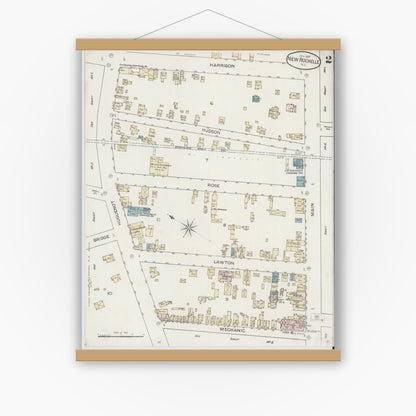 Old map wall art mockup — magnetic wood frame on white wall — Sanborn Fire Insurance Map from New Rochelle, Westchester County, New York (1887), Sheet #0002