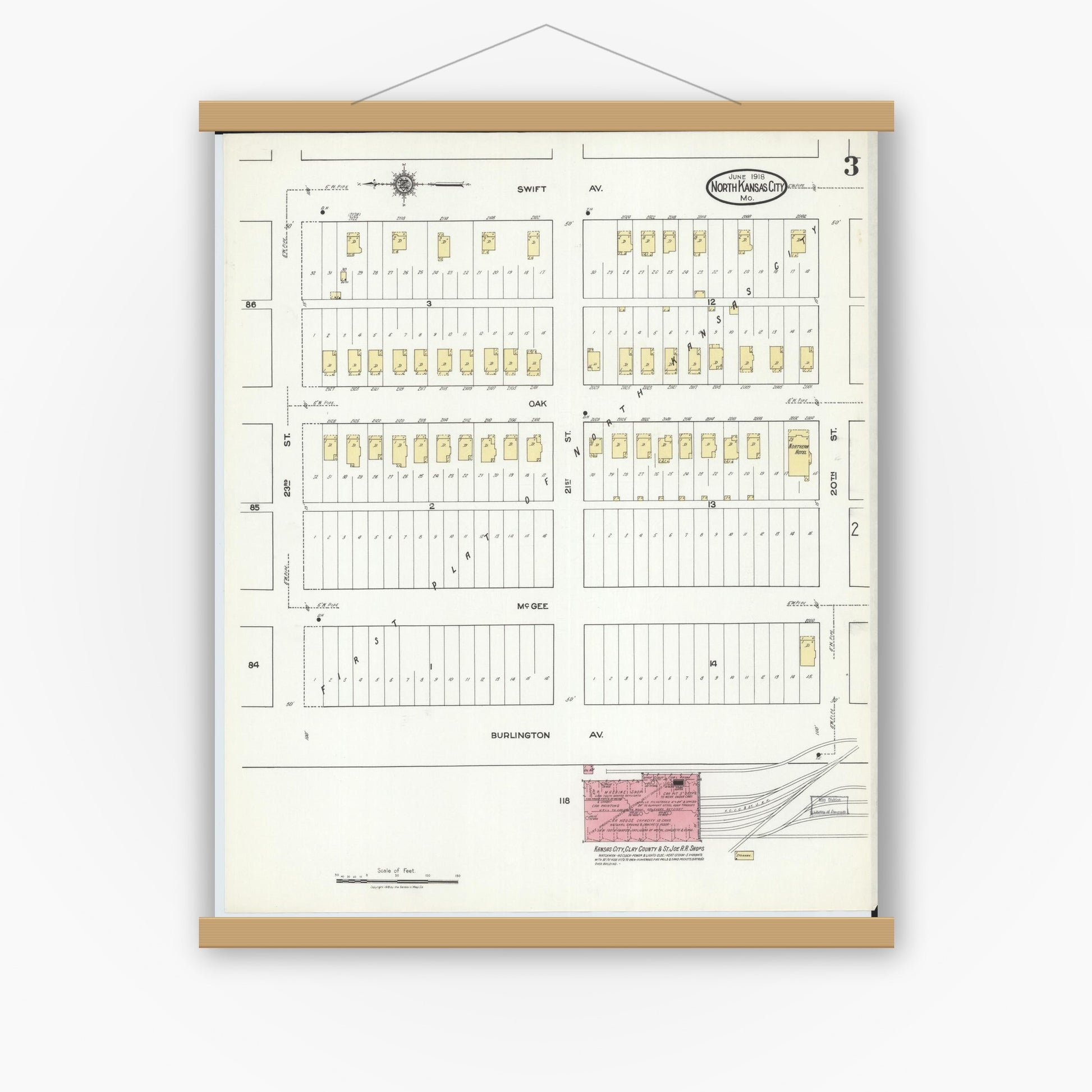 Old map wall art mockup — magnetic wood frame on white wall — Sanborn Fire Insurance Map from North Kansas City, Clay County, Missouri (1918), Sheet #0003