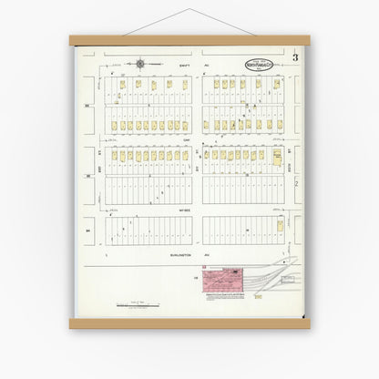 Old map wall art mockup — magnetic wood frame on white wall — Sanborn Fire Insurance Map from North Kansas City, Clay County, Missouri (1918), Sheet #0003