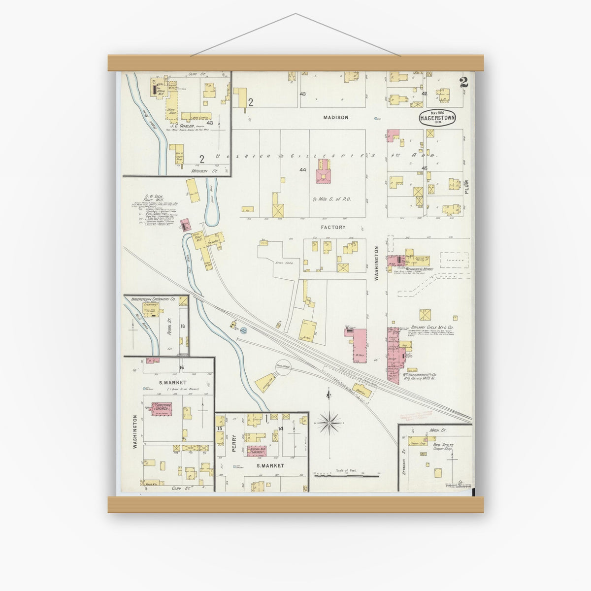 Old map wall art mockup — magnetic wood frame on white wall — Sanborn Fire Insurance Map from Hagerstown, Wayne County, Indiana (1896), Sheet #0002