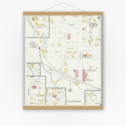 Old map wall art mockup — magnetic wood frame on white wall — Sanborn Fire Insurance Map from Hagerstown, Wayne County, Indiana (1896), Sheet #0002
