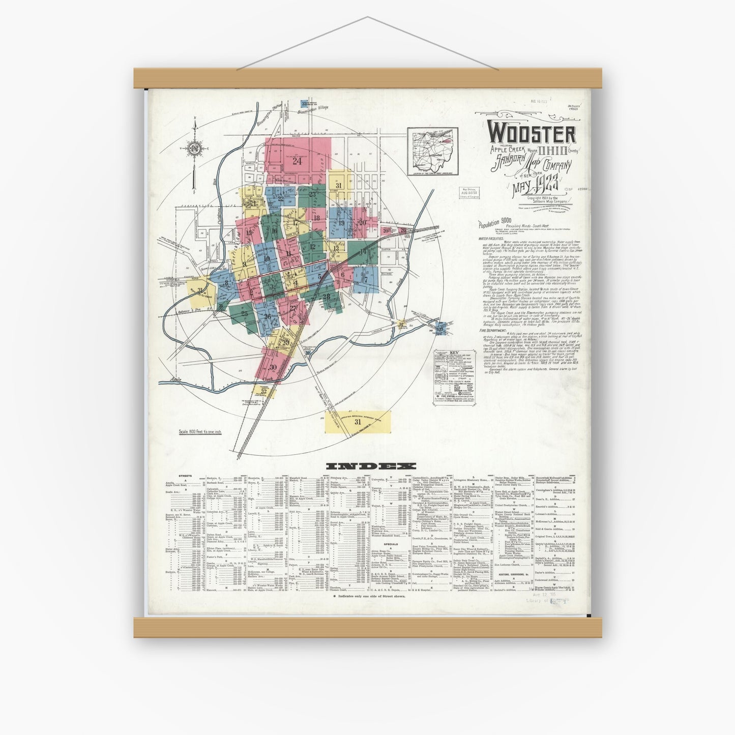 Old map wall art mockup — magnetic wood frame on white wall — Sanborn Fire Insurance Map from Wooster, Wayne County, Ohio (1923), Sheet #0001