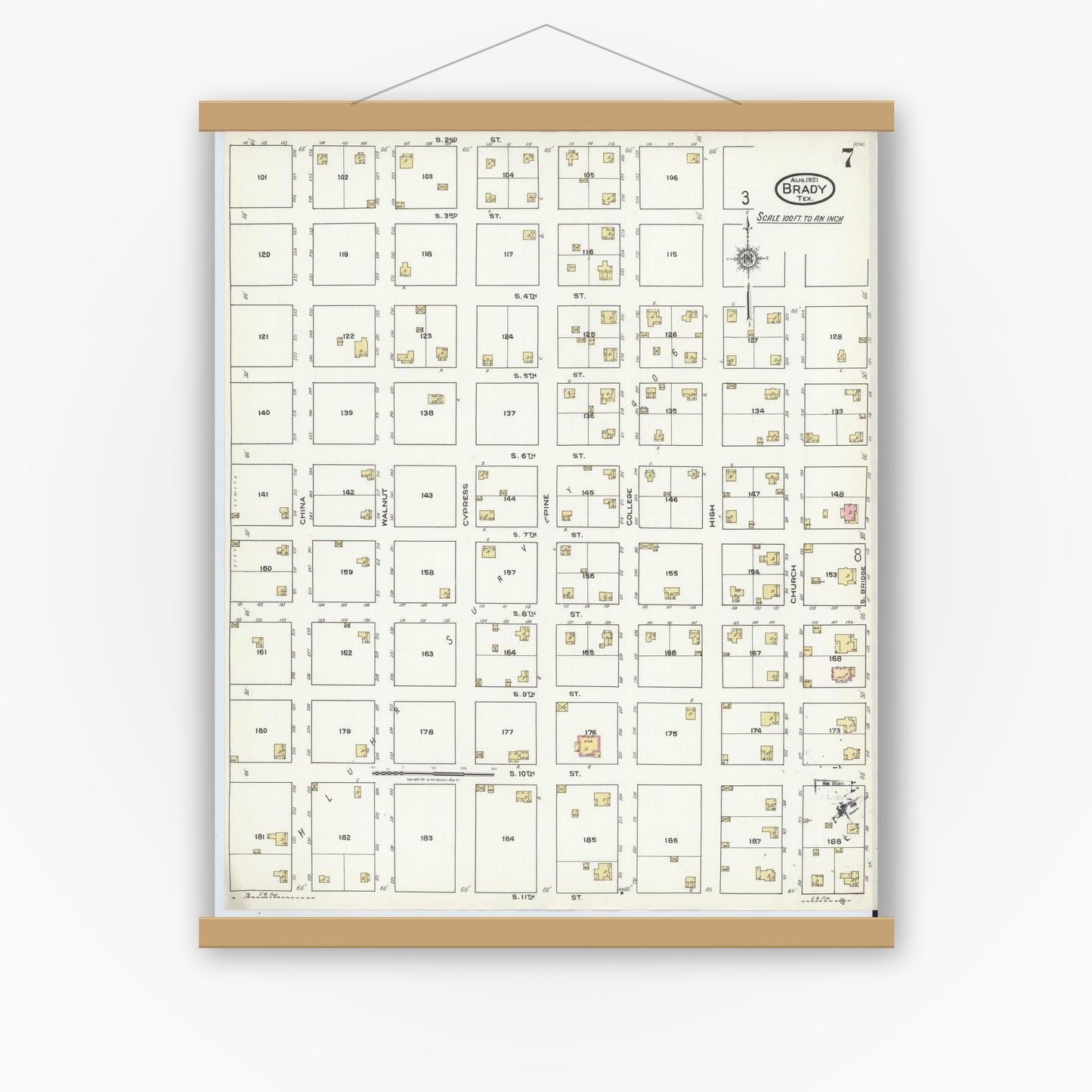 Old map wall art mockup — magnetic wood frame on white wall — Sanborn Fire Insurance Map from Brady, McCulloch County, Texas (1921), Sheet #0007