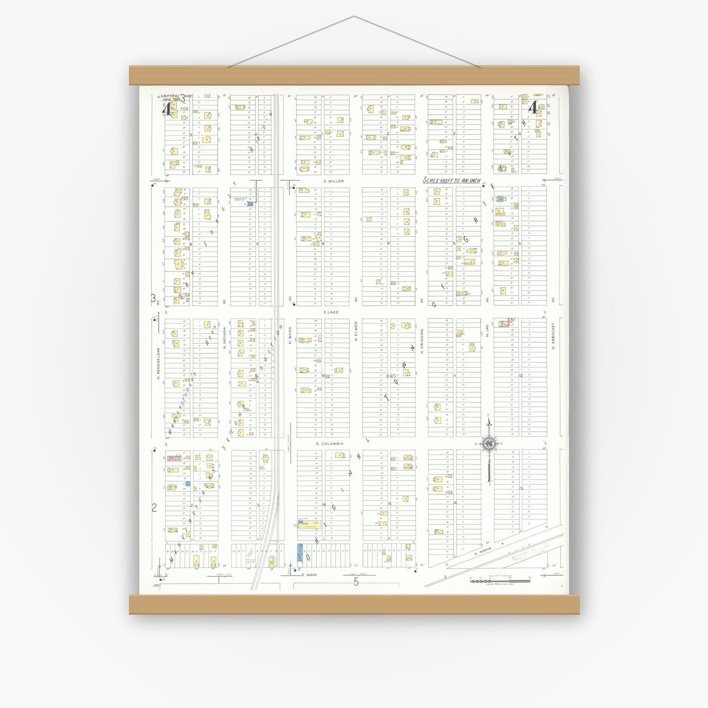 Old map wall art mockup — magnetic wood frame on white wall — Sanborn Fire Insurance Map from Griffith, Lake County, Indiana (1943), Sheet #0004