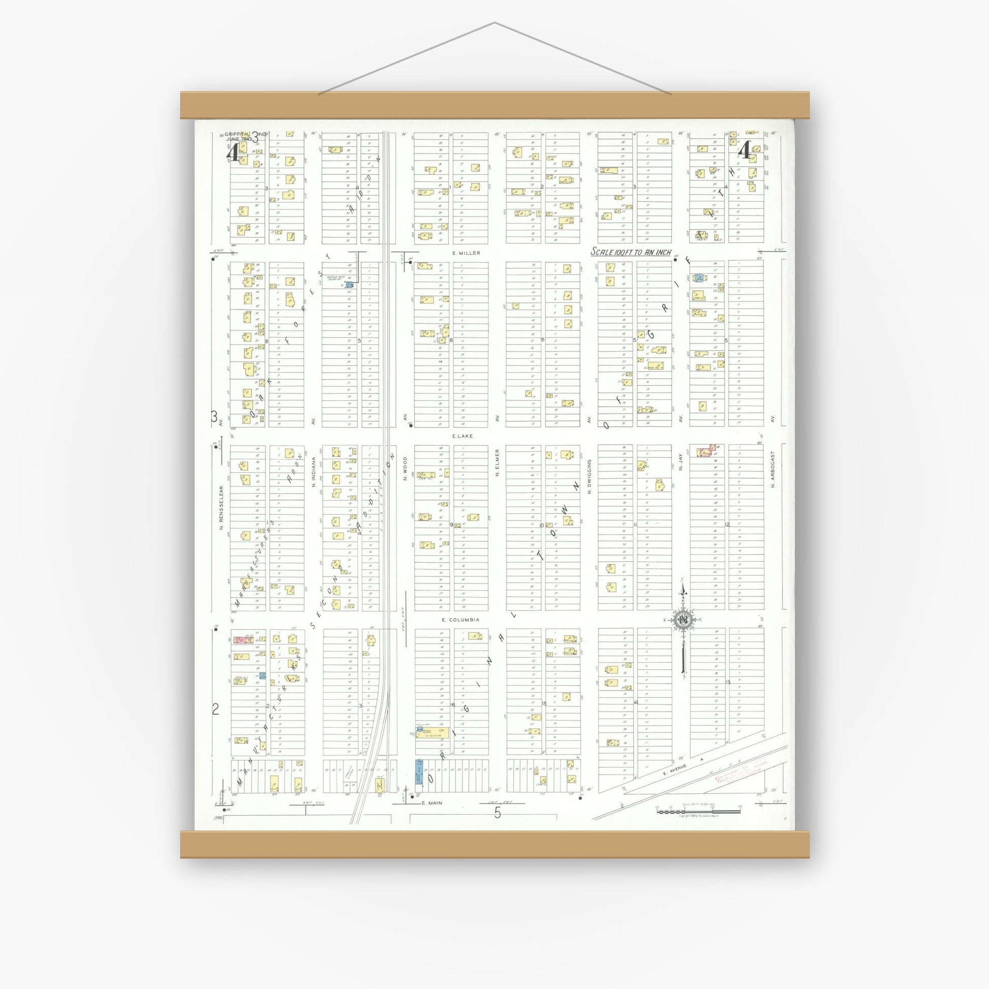 Old map wall art mockup — magnetic wood frame on white wall — Sanborn Fire Insurance Map from Griffith, Lake County, Indiana (1943), Sheet #0004