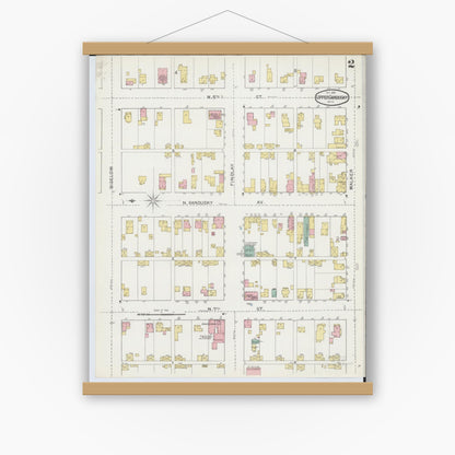Old map wall art mockup — magnetic wood frame on white wall — Sanborn Fire Insurance Map from Upper Sandusky, Wyandot County, Ohio (1892), Sheet #0002