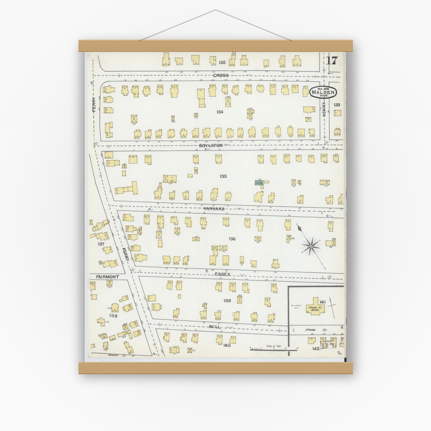 Old map wall art mockup — magnetic wood frame on white wall — Sanborn Fire Insurance Map from Malden, Middlesex County, Massachusetts (1892), Sheet #0017