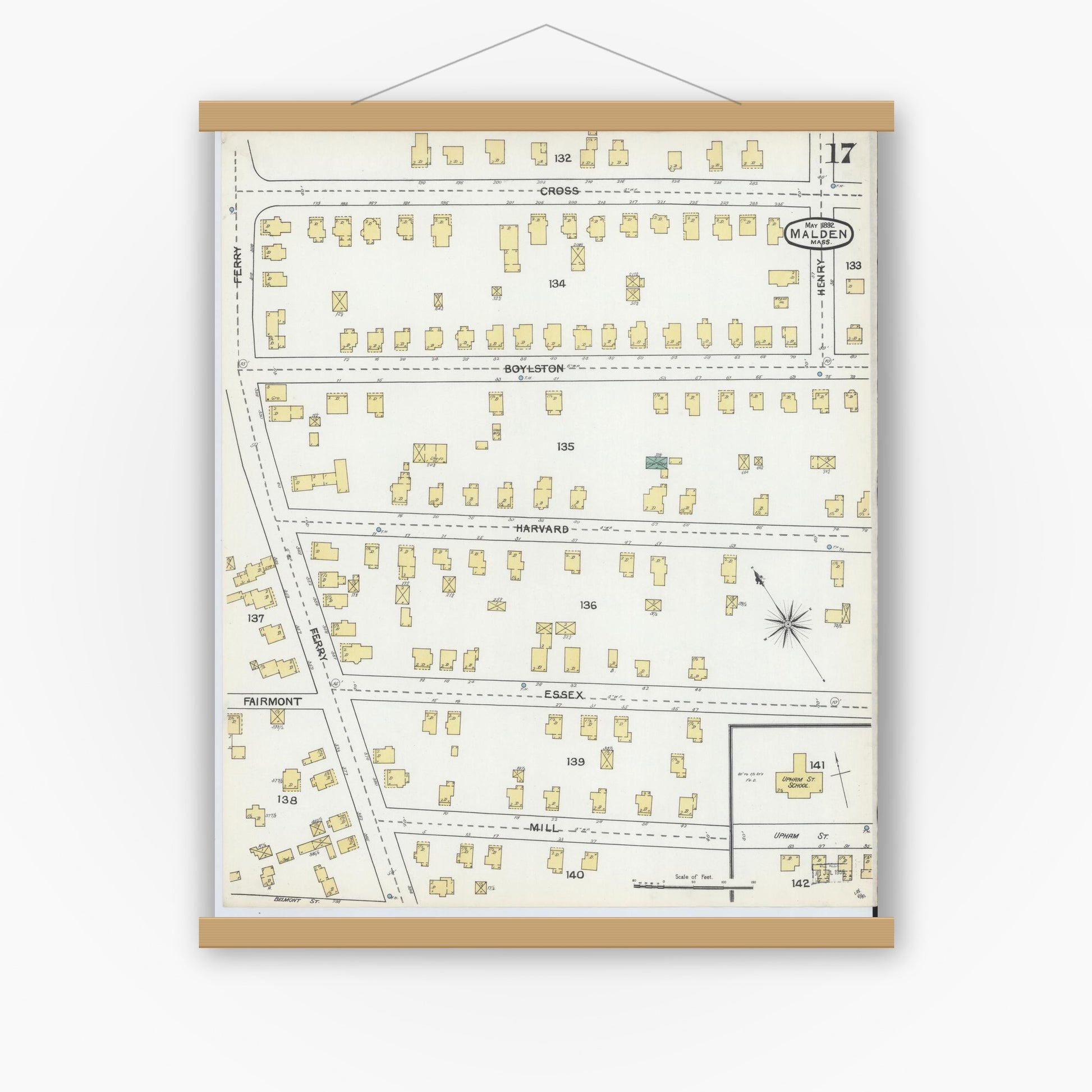 Old map wall art mockup — magnetic wood frame on white wall — Sanborn Fire Insurance Map from Malden, Middlesex County, Massachusetts (1892), Sheet #0017