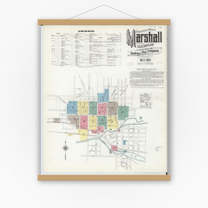 Old map wall art mockup — magnetic wood frame on white wall — Sanborn Fire Insurance Map from Marshall, Calhoun County, Michigan (1911), Sheet #0001
