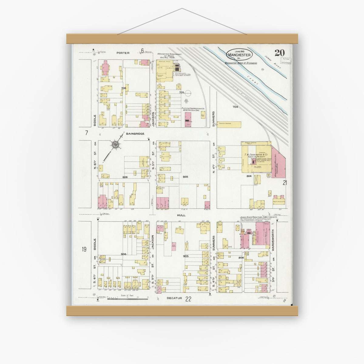 Old map wall art mockup — magnetic wood frame on white wall — Sanborn Fire Insurance Map from Manchester, Chesterfield County, Virginia (1910), Sheet #0020