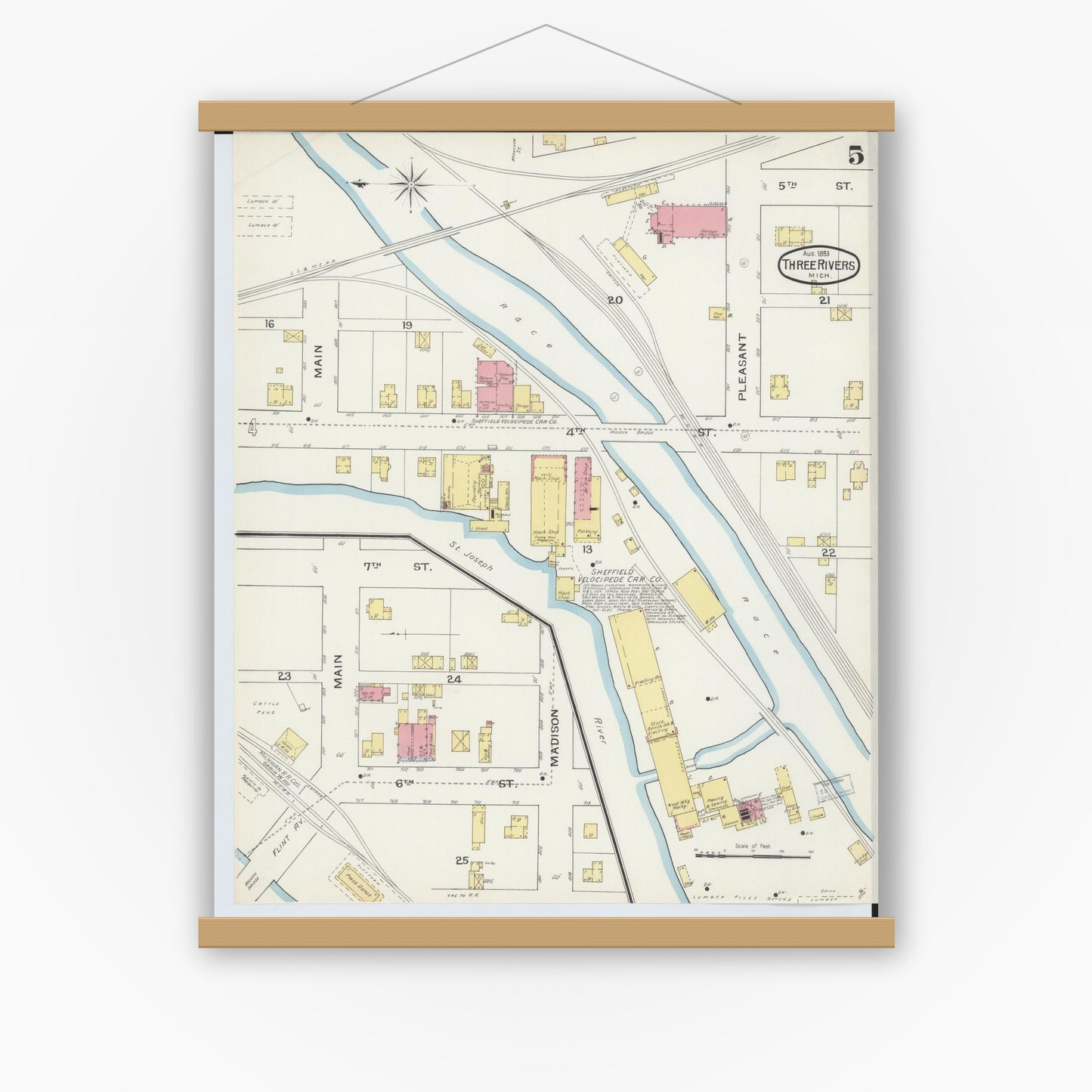 Old map wall art mockup — magnetic wood frame on white wall — Sanborn Fire Insurance Map from Three Rivers, Saint Joseph County, Michigan (1893), Sheet #0005