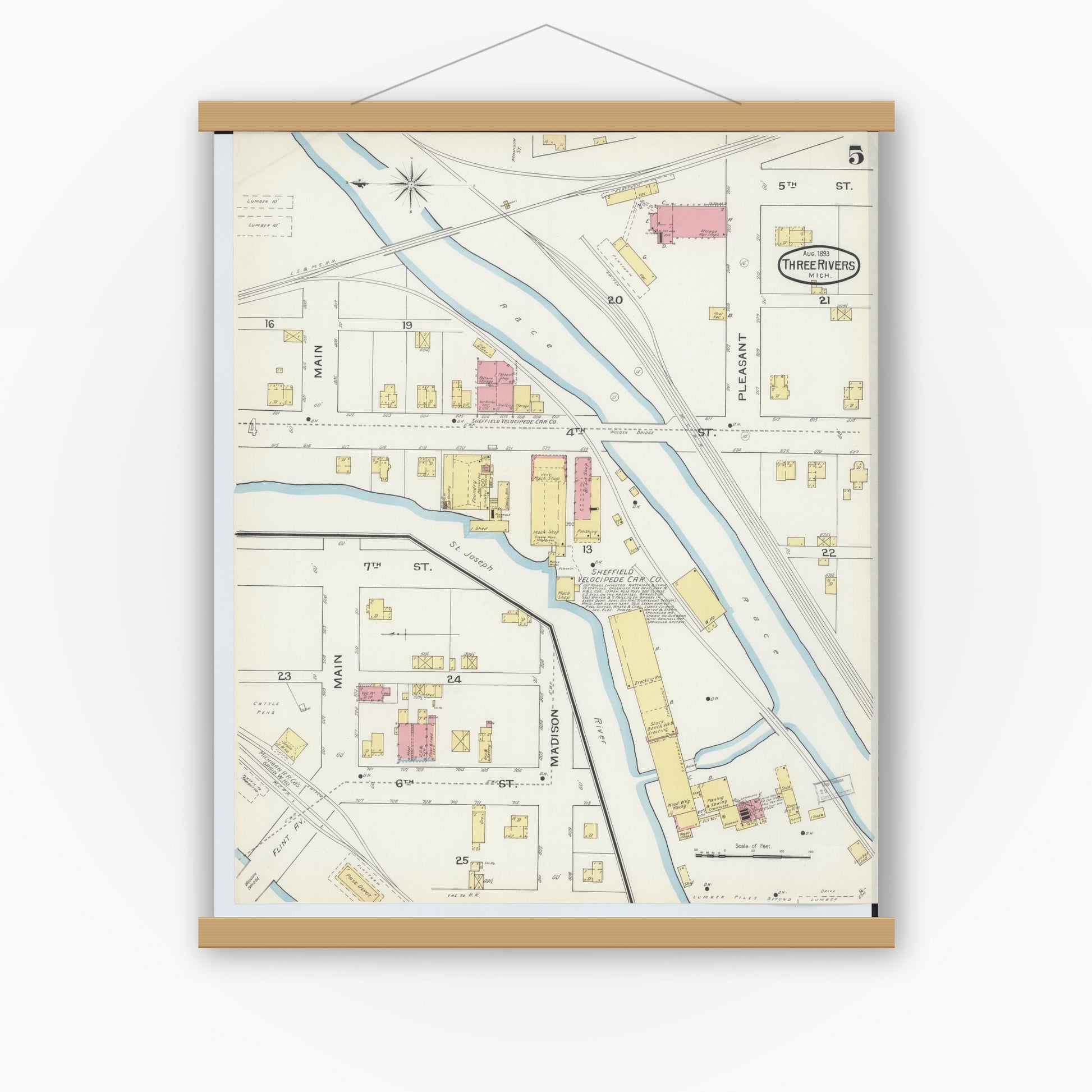 Old map wall art mockup — magnetic wood frame on white wall — Sanborn Fire Insurance Map from Three Rivers, Saint Joseph County, Michigan (1893), Sheet #0005
