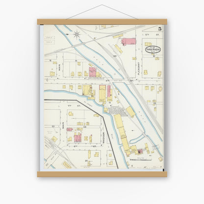 Old map wall art mockup — magnetic wood frame on white wall — Sanborn Fire Insurance Map from Three Rivers, Saint Joseph County, Michigan (1893), Sheet #0005