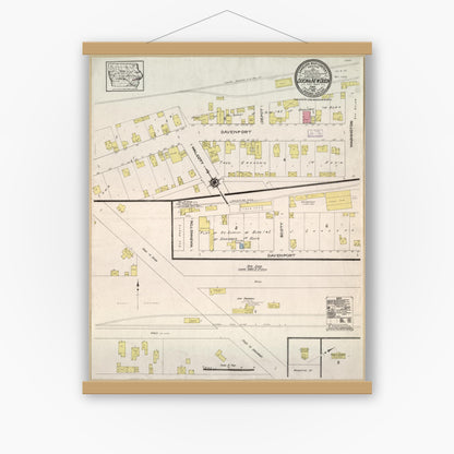 Old map wall art mockup — magnetic wood frame on white wall — Sanborn Fire Insurance Map from Dixon, Scott County, Iowa (1913), Sheet #0001