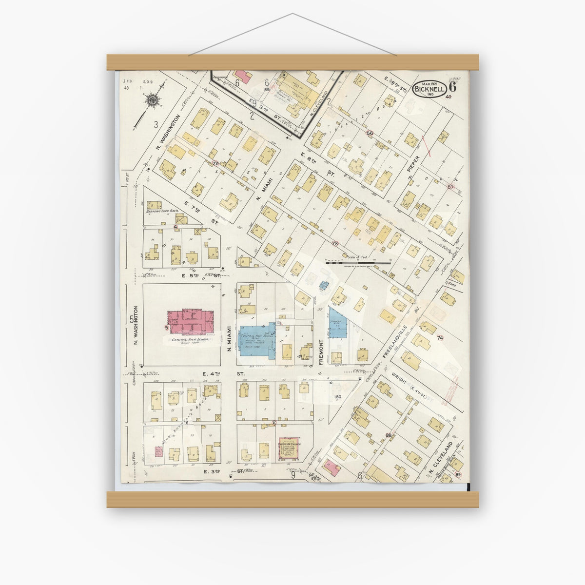Old map wall art mockup — magnetic wood frame on white wall — Sanborn Fire Insurance Map from Bicknell, Knox County, Indiana (1946), Sheet #0006