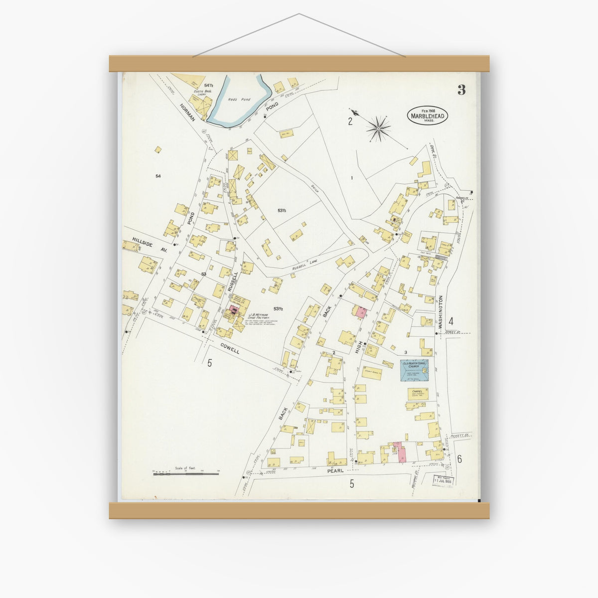 Old map wall art mockup — magnetic wood frame on white wall — Sanborn Fire Insurance Map from Marblehead, Essex County, Massachusetts (1908), Sheet #0003