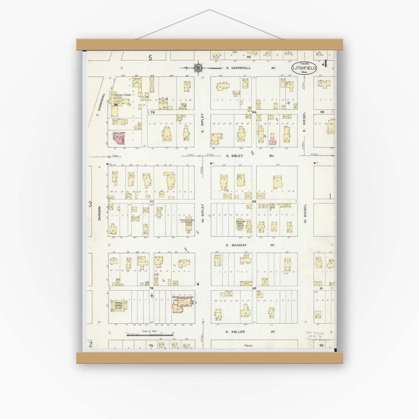 Old map wall art mockup — magnetic wood frame on white wall — Sanborn Fire Insurance Map from Litchfield, Meeker County, Minnesota (1913), Sheet #0004