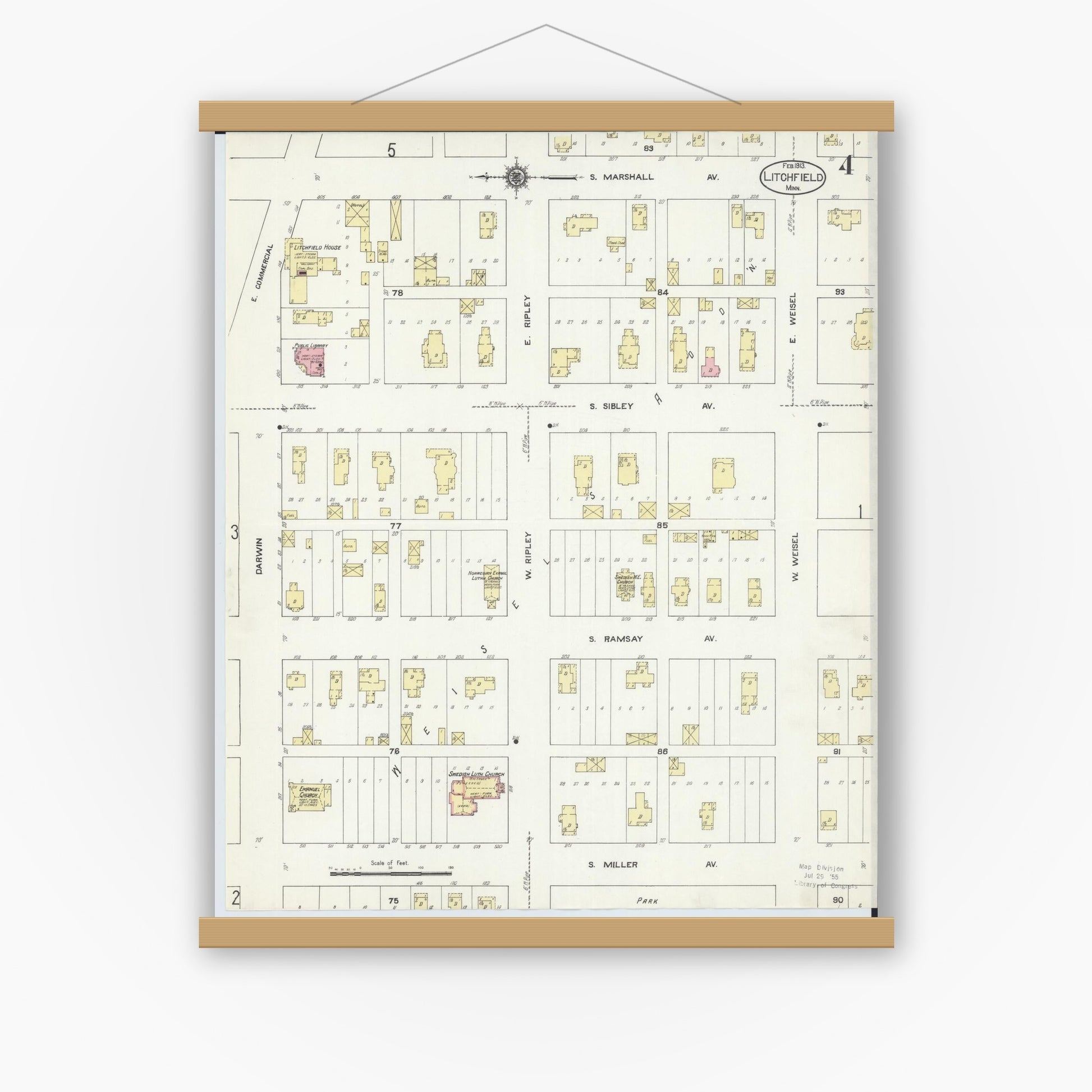 Old map wall art mockup — magnetic wood frame on white wall — Sanborn Fire Insurance Map from Litchfield, Meeker County, Minnesota (1913), Sheet #0004