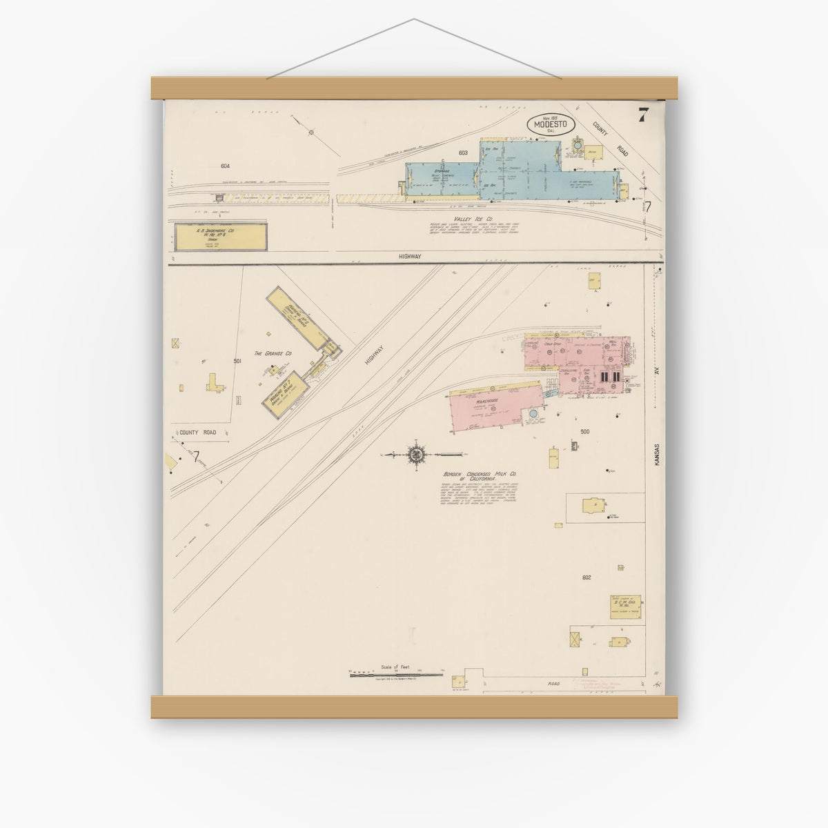 Old map wall art mockup — magnetic wood frame on white wall — Sanborn Fire Insurance Map from Modesto, Stanislaus County, California (1919), Sheet #0007
