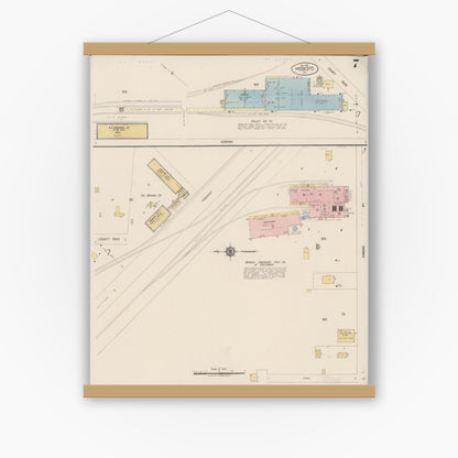 Old map wall art mockup — magnetic wood frame on white wall — Sanborn Fire Insurance Map from Modesto, Stanislaus County, California (1919), Sheet #0007