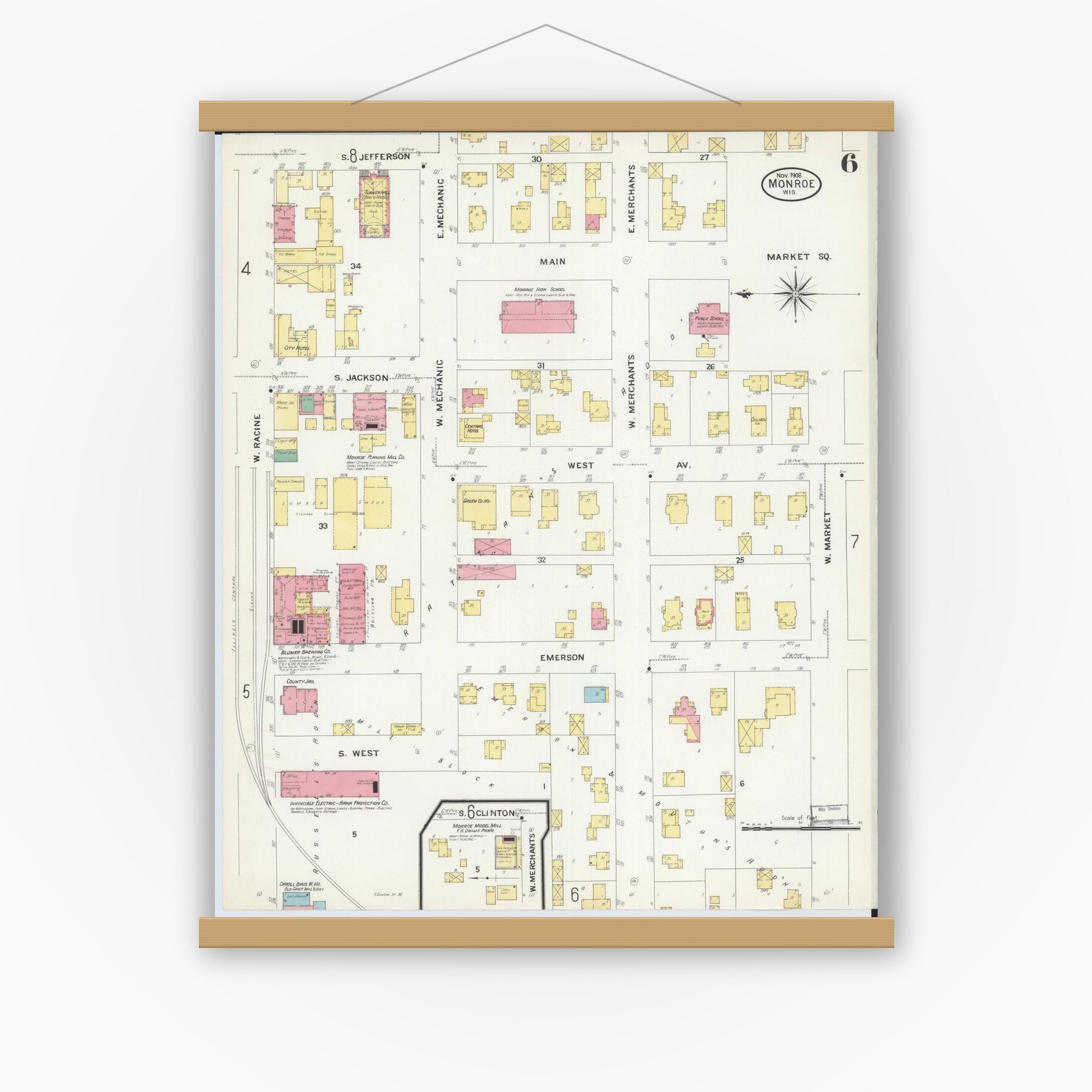 Old map wall art mockup — magnetic wood frame on white wall — Sanborn Fire Insurance Map from Monroe, Green County, Wisconsin (1908), Sheet #0006