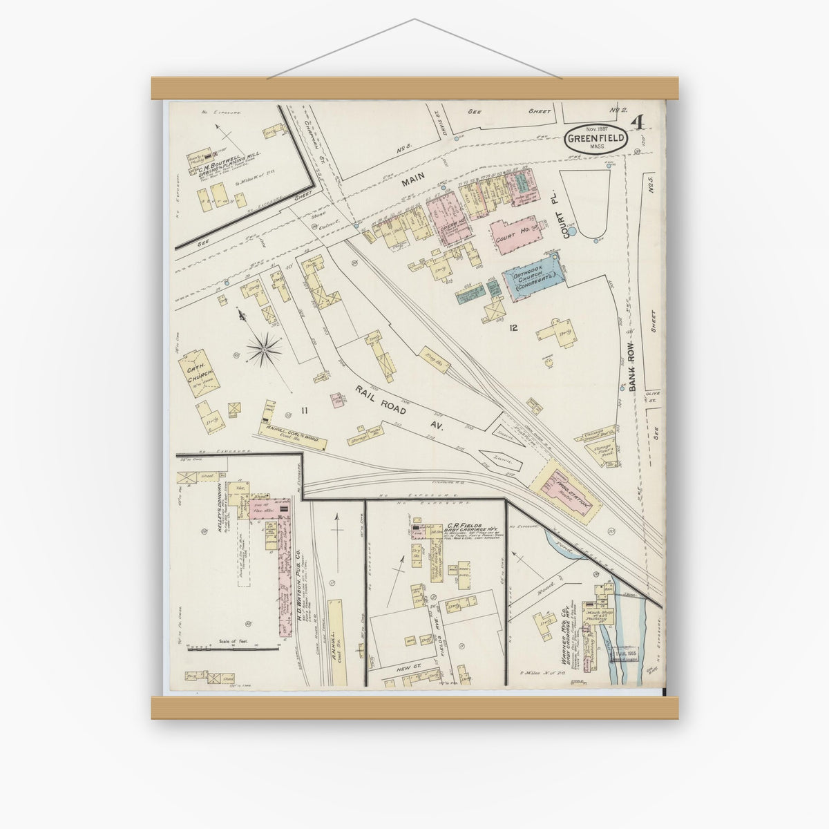 Old map wall art mockup — magnetic wood frame on white wall — Sanborn Fire Insurance Map from Greenfield, Franklin County, Massachusetts (1887), Sheet #0004