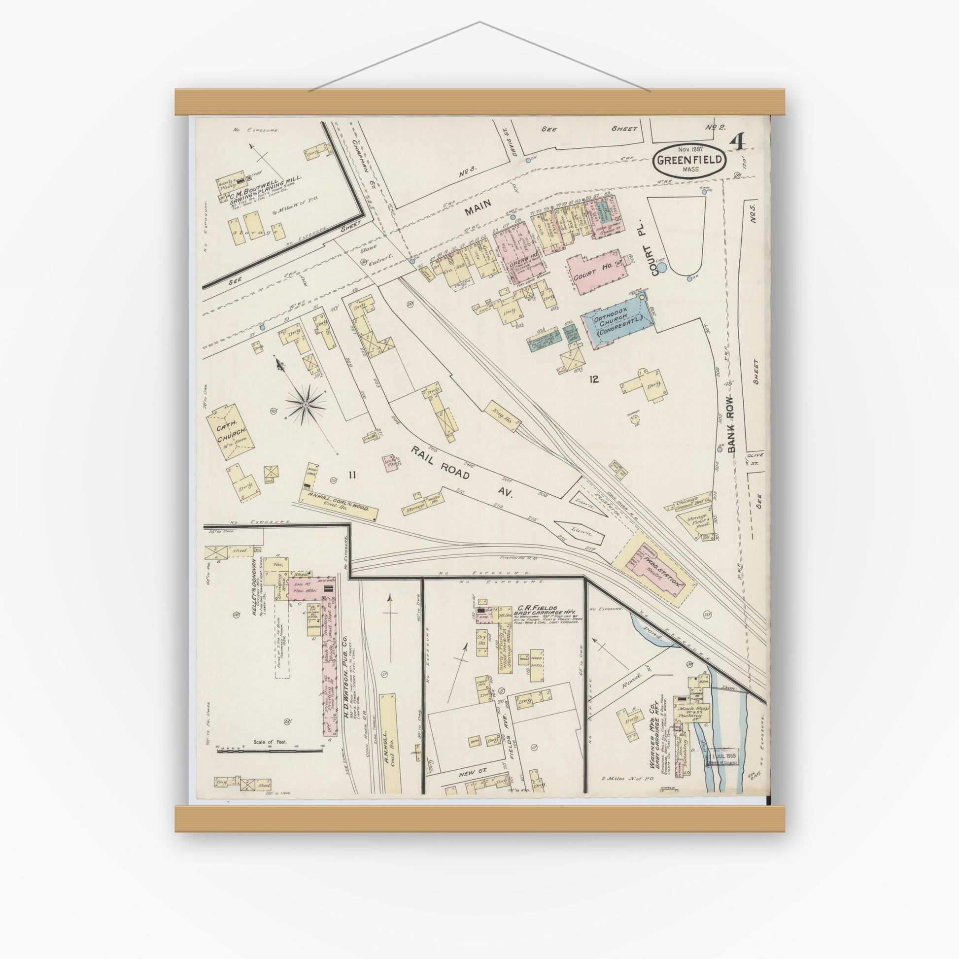 Old map wall art mockup — magnetic wood frame on white wall — Sanborn Fire Insurance Map from Greenfield, Franklin County, Massachusetts (1887), Sheet #0004