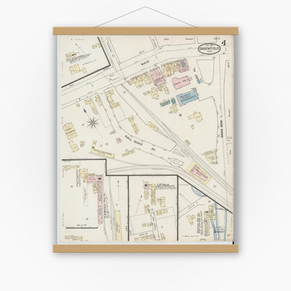 Old map wall art mockup — magnetic wood frame on white wall — Sanborn Fire Insurance Map from Greenfield, Franklin County, Massachusetts (1887), Sheet #0004