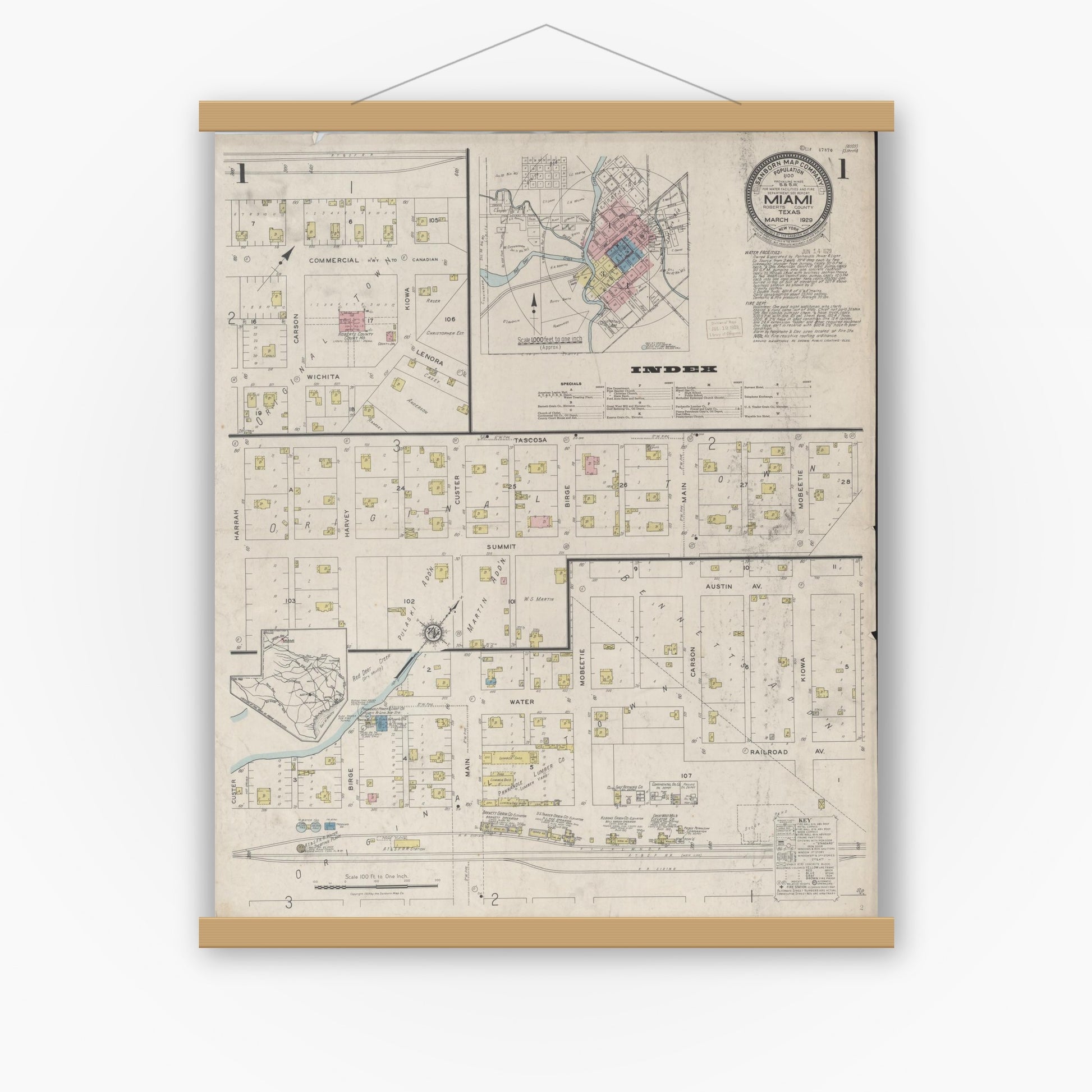 Old map wall art mockup — magnetic wood frame on white wall — Sanborn Fire Insurance Map from Miami, Roberts County, Texas (1929), Sheet #0001