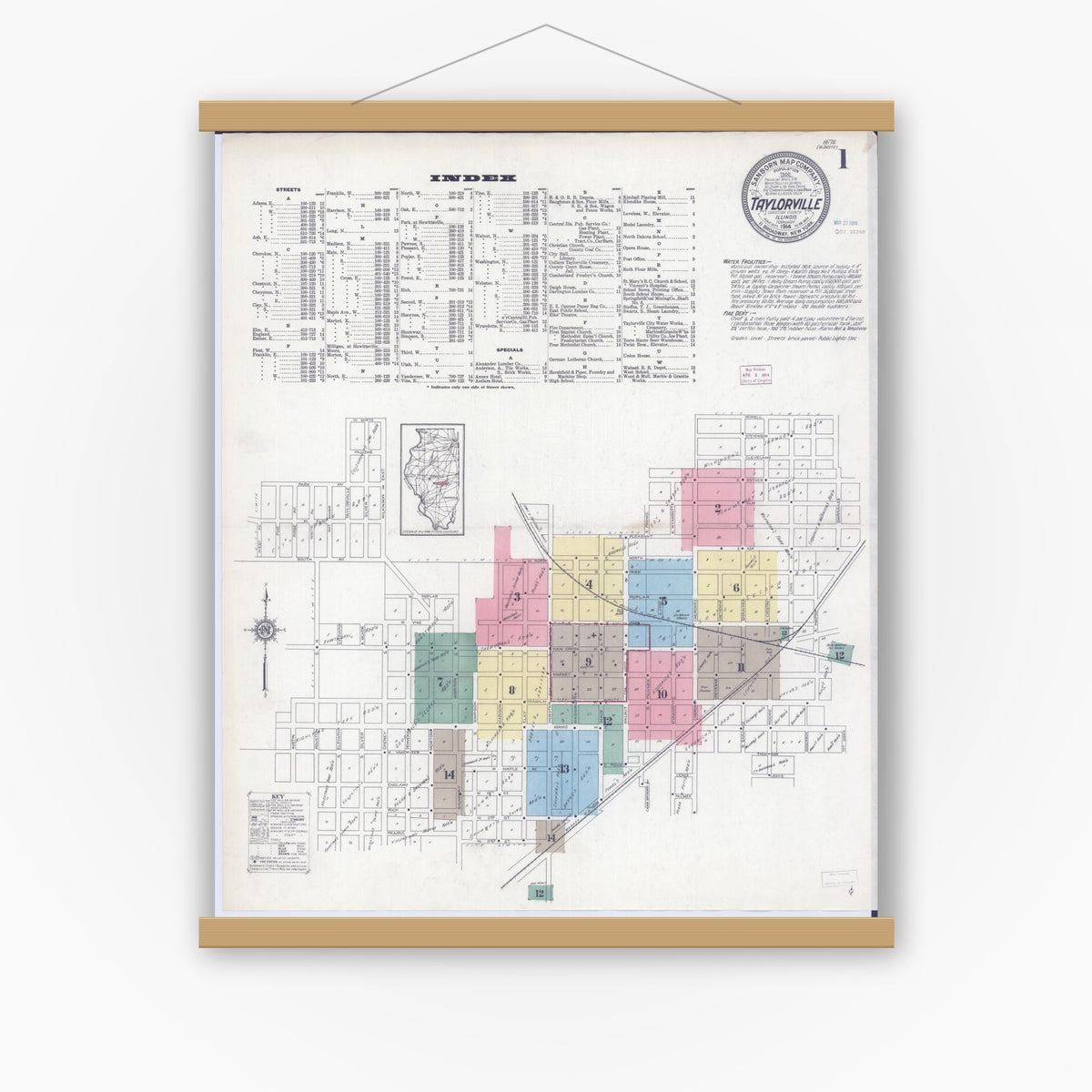 Old map wall art mockup — magnetic wood frame on white wall — Sanborn Fire Insurance Map from Taylorville, Christian County, Illinois (1914), Sheet #0001