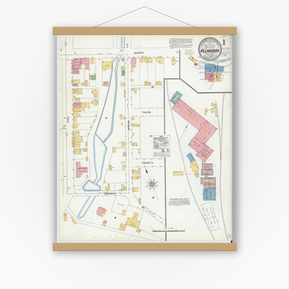 Old map wall art mockup — magnetic wood frame on white wall — Sanborn Fire Insurance Map from Williamsburg, Blair County, Pennsylvania (1904), Sheet #0001