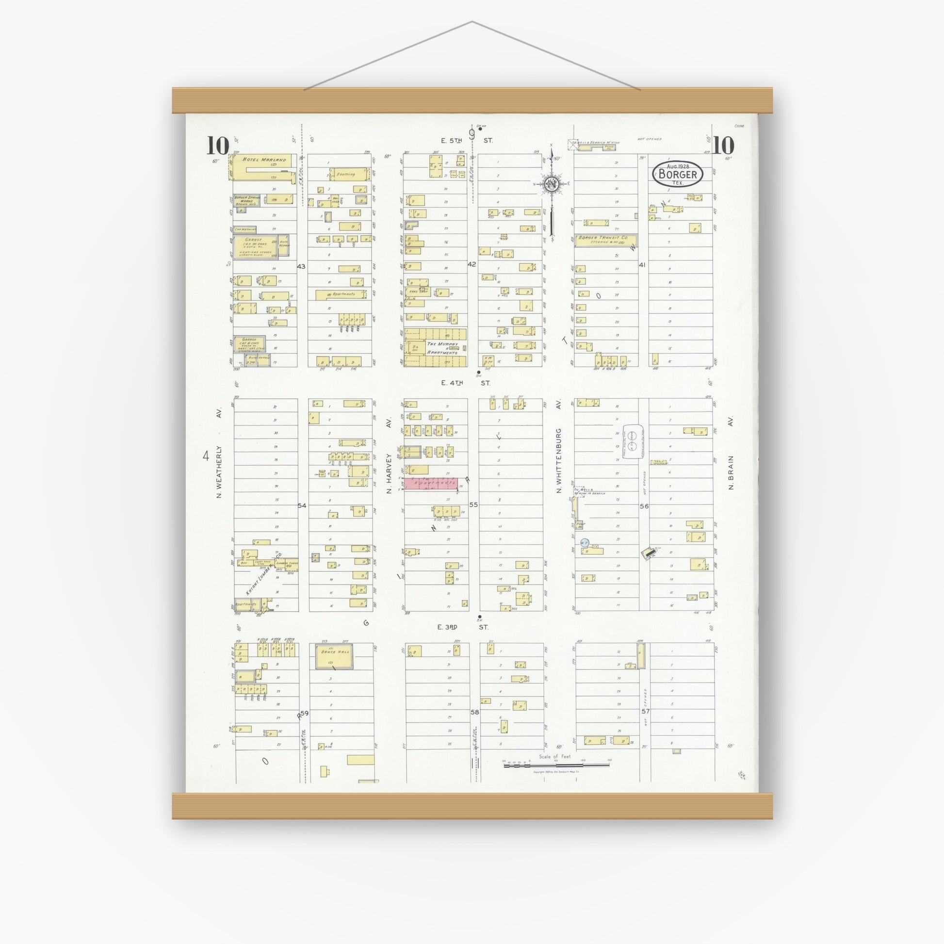 Old map wall art mockup — magnetic wood frame on white wall — Sanborn Fire Insurance Map from Borger, Hutchinson County, Texas (1928), Sheet #0010