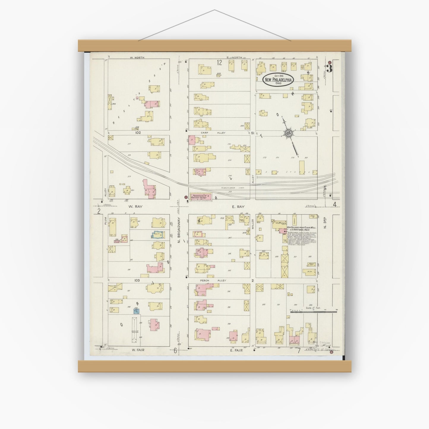 Old map wall art mockup — magnetic wood frame on white wall — Sanborn Fire Insurance Map from New Philadelphia, Tuscarawas County, Ohio (1914), Sheet #0003