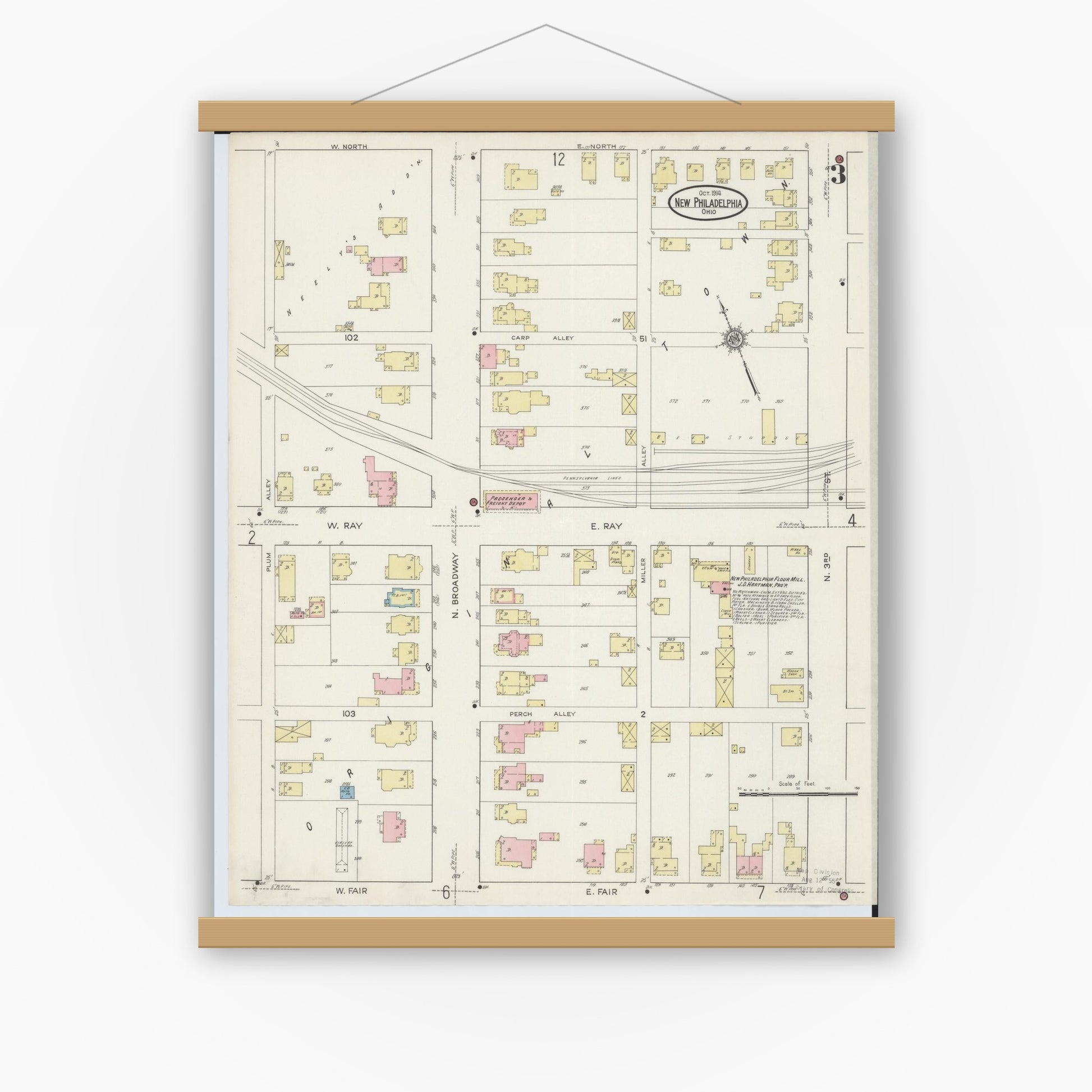 Old map wall art mockup — magnetic wood frame on white wall — Sanborn Fire Insurance Map from New Philadelphia, Tuscarawas County, Ohio (1914), Sheet #0003