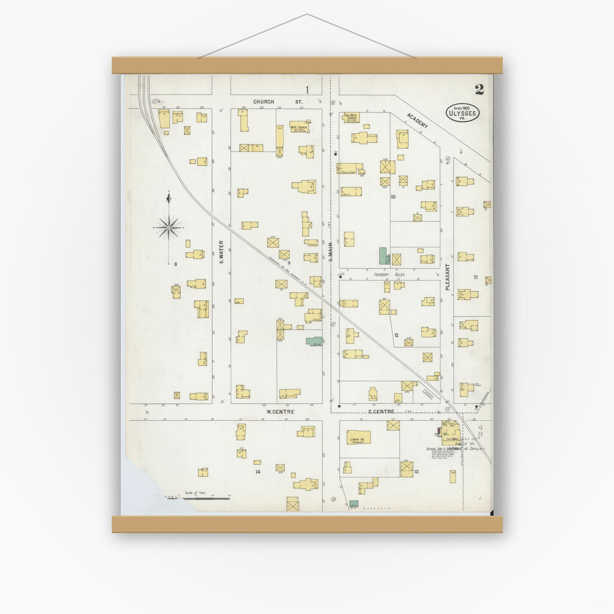 Old map wall art mockup — magnetic wood frame on white wall — Sanborn Fire Insurance Map from Ulysses, Potter County, Pennsylvania (1900), Sheet #0002