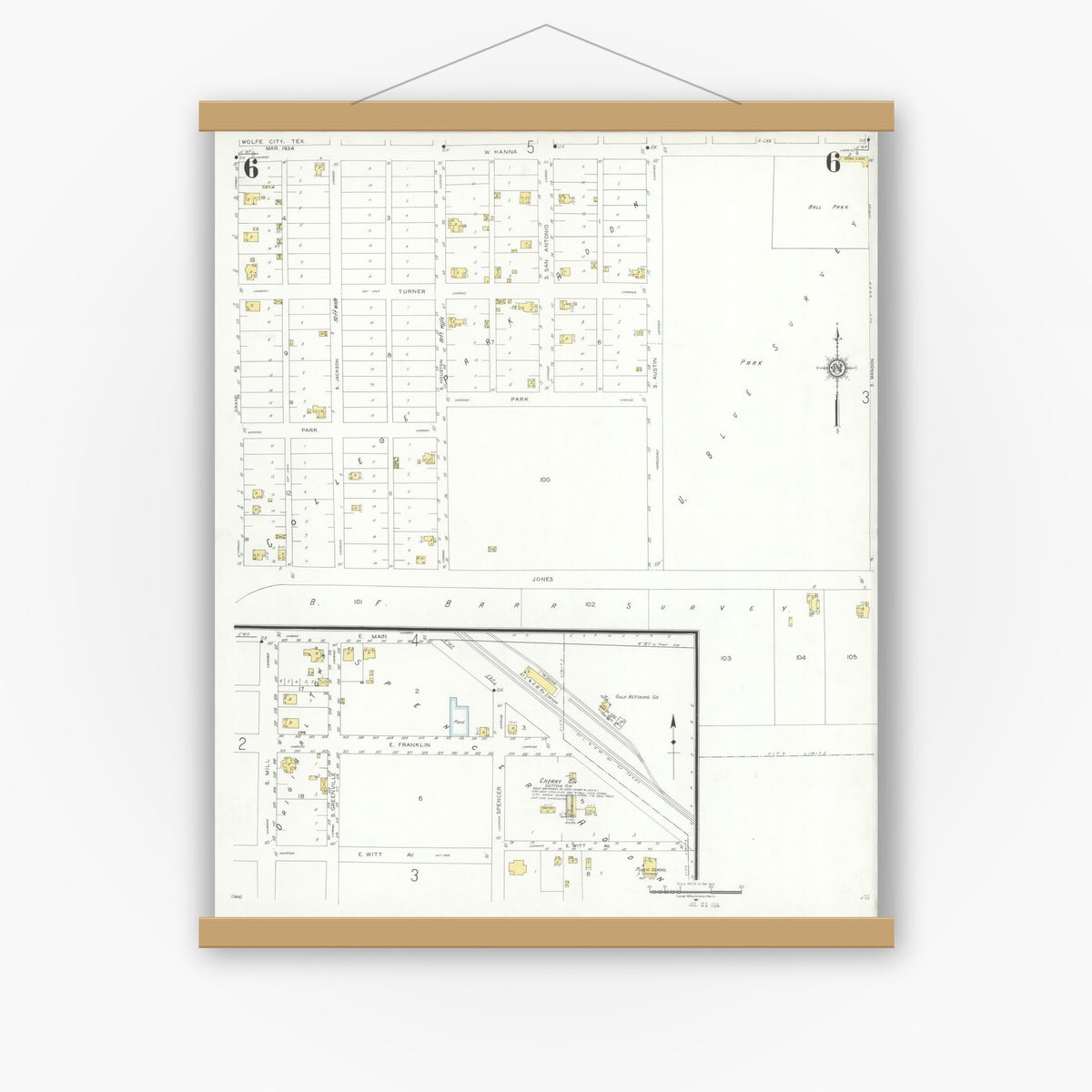 Old map wall art mockup — magnetic wood frame on white wall — Sanborn Fire Insurance Map from Wolfe City, Hunt County, Texas (1934), Sheet #0006