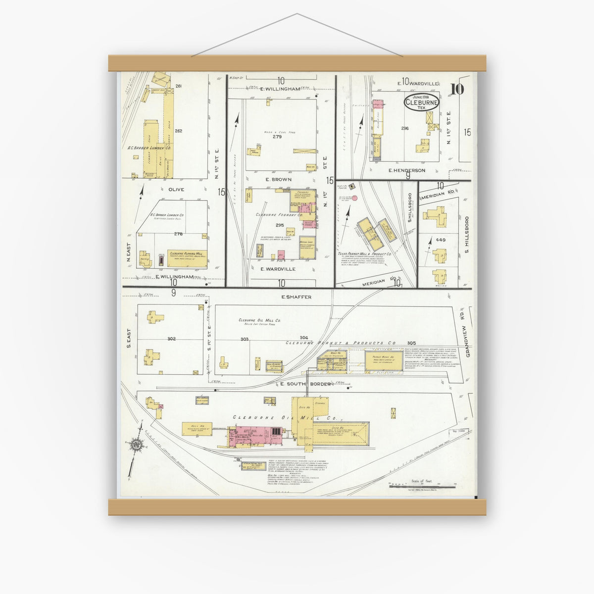 Old map wall art mockup — magnetic wood frame on white wall — Sanborn Fire Insurance Map from Cleburne, Johnson County, Texas (1918), Sheet #0010