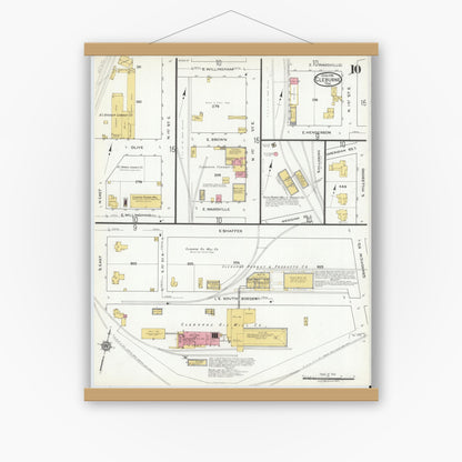 Old map wall art mockup — magnetic wood frame on white wall — Sanborn Fire Insurance Map from Cleburne, Johnson County, Texas (1918), Sheet #0010