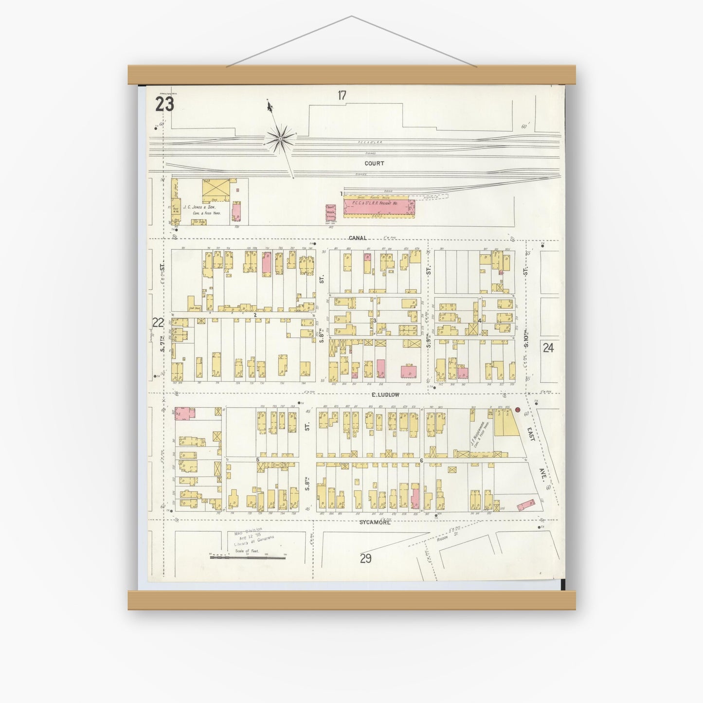 Old map wall art mockup — magnetic wood frame on white wall — Sanborn Fire Insurance Map from Hamilton, Butler County, Ohio (1899), Sheet #0023