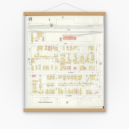 Old map wall art mockup — magnetic wood frame on white wall — Sanborn Fire Insurance Map from Hamilton, Butler County, Ohio (1899), Sheet #0023
