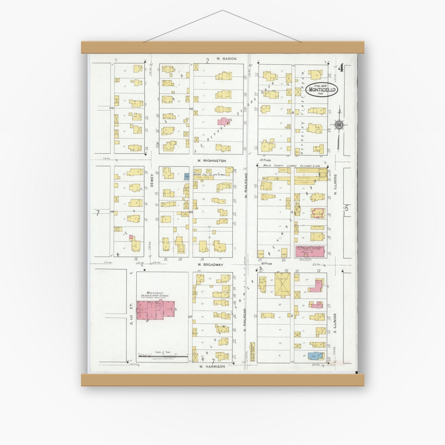 Old map wall art mockup — magnetic wood frame on white wall — Sanborn Fire Insurance Map from Monticello, White County, Indiana (1919), Sheet #0004
